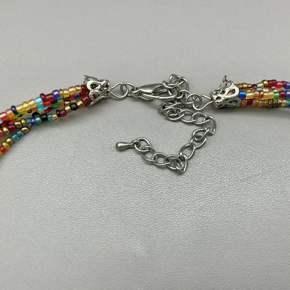 Necklace Multicolor Seed Bead Multi Strand Art Glass Round Pendant Statement